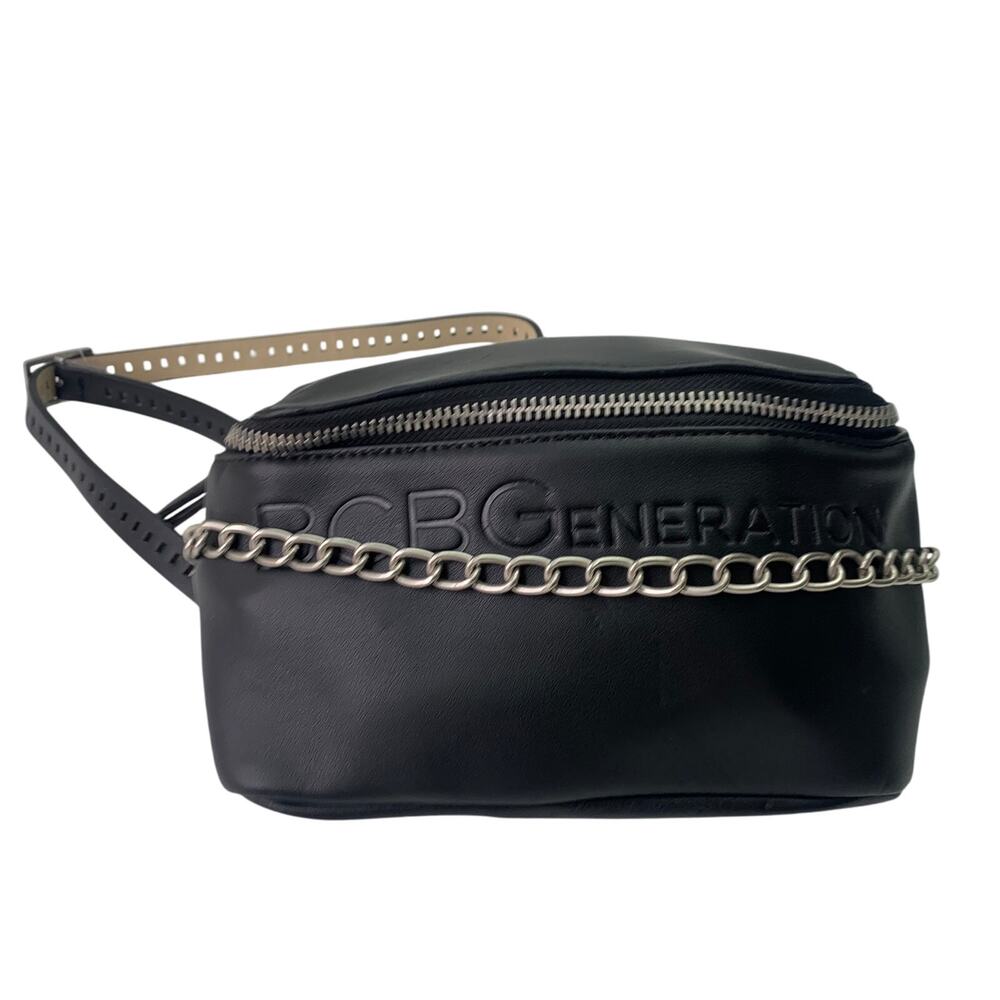 BCBGeneration Faux Leather Silver Chain Purse Belt Fanny Pack Bag Black Chain